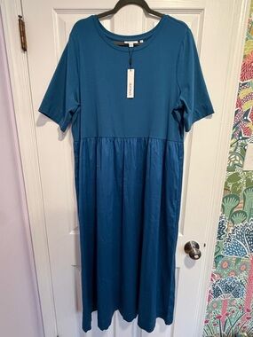 NWT Chicos Scandi Blue Relaxed Fit Woven Mix Short Sleeve Maxi Dress 3 XL $129